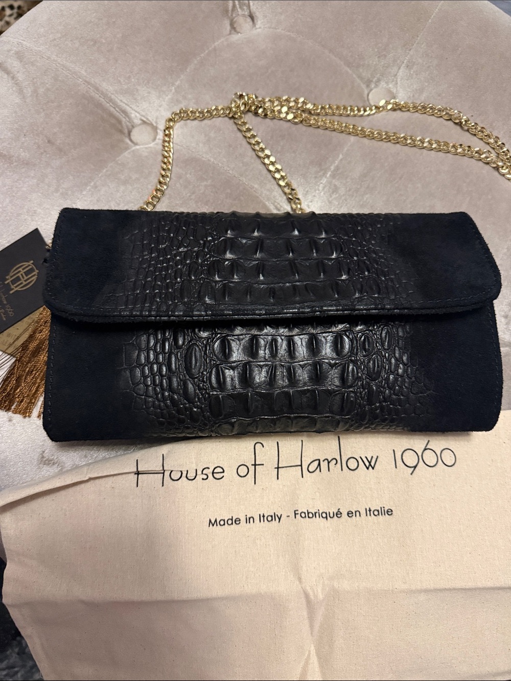 House of Harlow 1960 Black Croc-Embossed Suede Clutch with Gold Chain - Picture 1 of 9